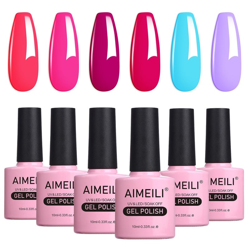 AIMEILI Soak Off Hema Free Hot Pink Neon Gel Nail Polish Set, Cruelty Free Vegan Gel Set Of 6pcs X 10ml - Kit Set 12 - Image 1